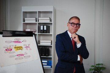 Mature businessman contemplating a business plan on whiteboard