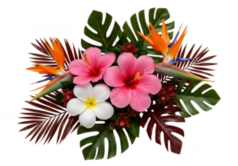 Vibrant tropical flower arrangement with bird of paradise and hibiscus isolated on transparent background