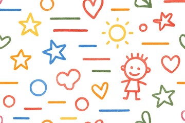 Colorful seamless pattern of childish drawings including hearts, stars, sun, a person, clouds and lines on a white background.