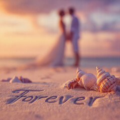 Romantic Close-Up Wedding Couple at Sunset on Pastel Beach with Elegant Pose – perfect for wedding invitations