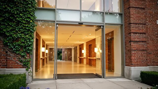 The entrance with large glass doors and brick walls opens to a bright interior. The brick walls and glass doors reflect the elegant building design and framed windows.
