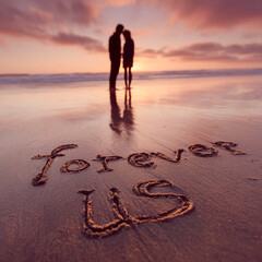 Romantic Couple Embracing on Smooth Wet Sand During Soft Pastel Sunset – great for love story promotions