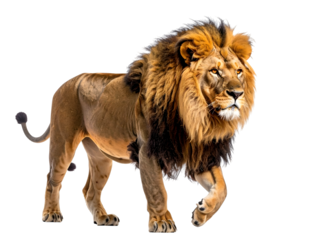 Majestic Lion in Profile: A powerful lion, with a magnificent mane, strides purposefully, embodying strength and regality. Its commanding presence speaks volumes of the wild 