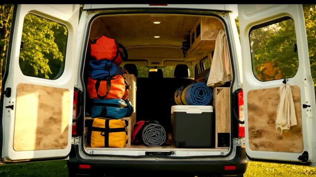 White camper van open tailgate with loaded colorful camping gear and equipment for travel adventure footage