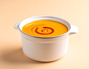 A white pot filled with vibrant orange soup, garnished with a swirl of red chili oil.