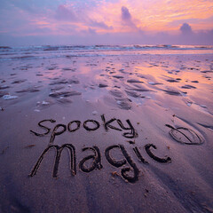 “Spooky Magic” Hand-Written in Wet Sand with Clean Stick-Drawn Lines and Soft Shadows – ideal for Halloween banners