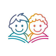 Obraz premium Rainbow Outline Happy Kids Learning Logo. Minimalist gradient line art icon of two smiling children. Ideal vector symbol for friendship, inclusion, and primary school education projects