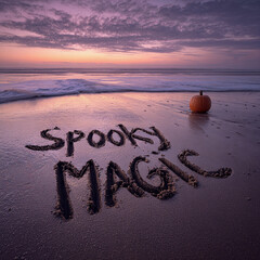 “Spooky Magic” Written by Hand in Smooth Wet Sand with Thin Grooves and Ocean Wave – perfect for holiday greetings