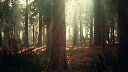 Obraz premium Golden rays of sunlight stream through the dense canopy, creating a magical glow on the forest floor. The tranquil scene captures the beauty of nature in the early morning light.