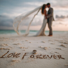 Square Cinematic Portrait of Romantic Beach Wedding with “Love Forever” Message in Sand – ideal for anniversary posters