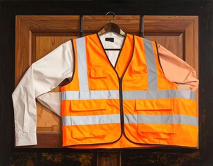 Bright orange safety vest and shirt displayed on a wooden door