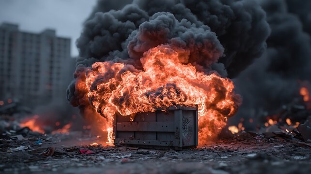 Chaotic dumpster fire with flames and smoke, symbolizing a disaster and the overwhelming nature of crisis and disorder.