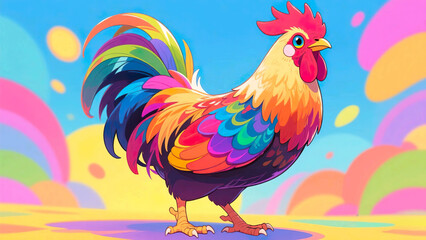 Fototapeta premium A whimsical cartoon illustration of a brightly colored rooster set against a pastel-colored background. The rooster features a rainbow of hues in its feathers, creating a playful and cheerful design.