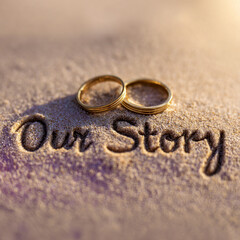 Super Close-Up Elegant Sand Writing “Our Story” with Gentle Ocean Foam and Pastel Sky – perfect for romantic posters