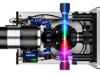 High-precision scientific instrument with colorful laser beams on a transparent background