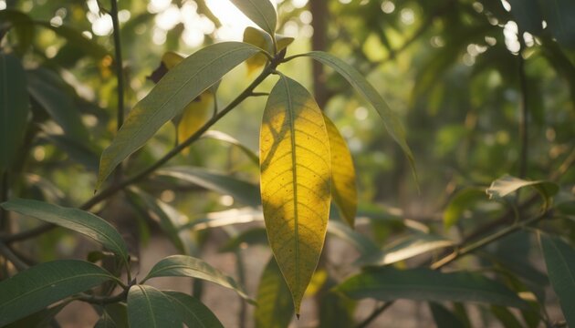 A single mango leaf turning yellow backlit by warm golden hour sunlight. Close-up of tropical foliage with a soft, blurred background.