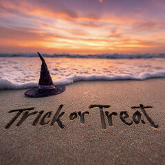“Trick or Treat” Written by Hand in Wet Golden Sand with Shallow Grooves and Ocean Edge – ideal for Halloween greetings