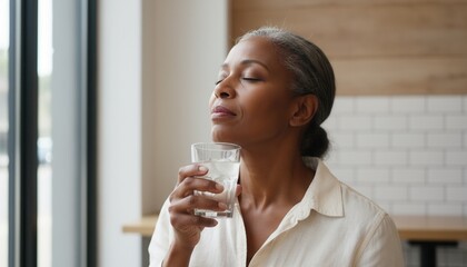 Mature black woman drinking a glass of water for refreshment. Menopause health, hydration, and self-care concept. Senior wellness lifestyle