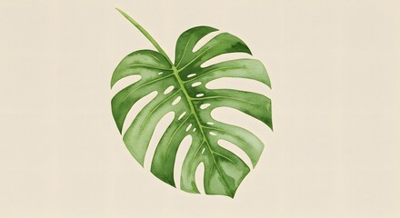 A monstera leaf is centrally placed on a pale background featuring naturallooking textures and shades of green