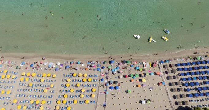 Aerial perpendicular view of a beach resort on a sandy beach. The sea is crystal clear. The beach club has yellow umbrellas, blue loungers, and vacationers sunbathing.