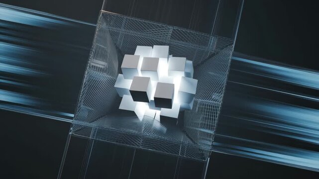 Abstract glowing cube structure within a wireframe cage and futuristic background