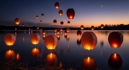Floating lanterns illuminate calm waters at dusk creating a serene atmosphere