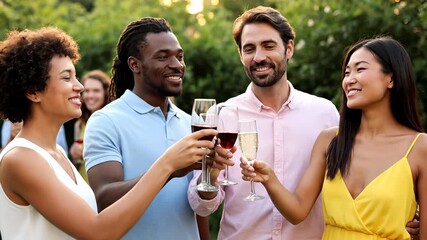 Diverse group of friends cheerfully raising their glasses in celebration at an outdoor gathering. A mix of different ethnicities, young individuals toast with both wine and champagne