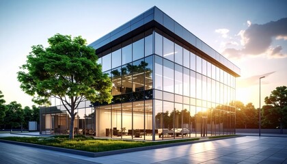 Obraz premium Sustainable glass office building with tree for reducing heat and carbon dioxide