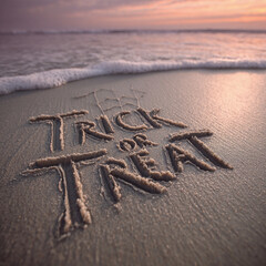 “Trick or Treat” Stick-Drawn in Beige Wet Sand with Clear Lines and Soft Ocean Reflection – perfect for Halloween cards