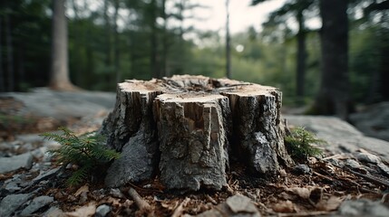 Obraz premium Close-up of a freshly cut tree stump in a forest, surrounded by the natural outdoor beauty of the woods, symbolizing naturea??s cycles.