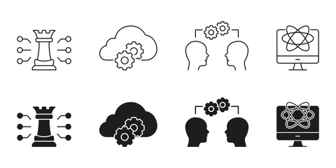 Artificial Intelligence Strategy and Cognitive Computing Line and Solid Icon Set. Cloud Technology, Innovation and Human Thinking Symbol Collection. Isolated Vector Illustration