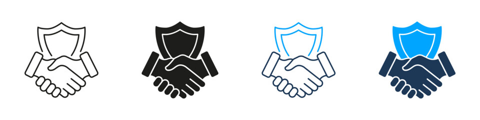 Handshake With Shield Line And Solid Icon Set. Trust, Security, And Partnership Symbol Collection. Business Agreement And Protection Concept. Isolated Vector Illustration