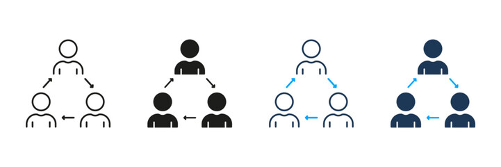 Three-Person Communication Network Line And Solid Icon Set. Team Collaboration, Interaction, And Information Exchange Symbol Collection. Business And Social Connection. Isolated Vector Illustration