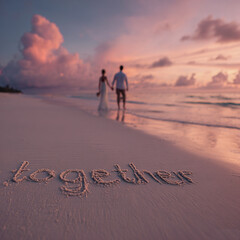 Wedding Couple Holding Hands at Shoreline During Pastel Sunset with Golden Reflections – great for romantic wall art