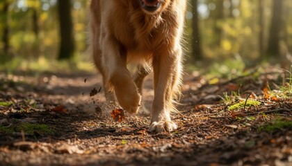 Close-up of a golden retriever's paws running on a forest path. Dog in motion kicking up dirt and leaves in the autumn sunlight