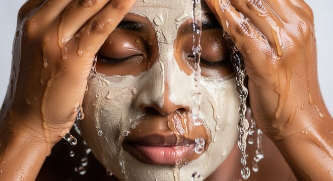 Close-up of a black woman rinsing a clay facial mask off with water. Skincare and beauty treatment routine. Self-care and wellness concept - Powered by Adobe