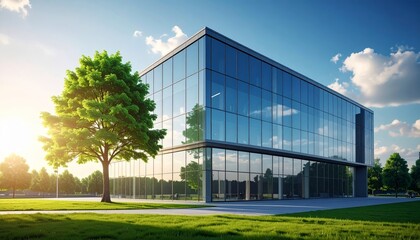 Obraz premium Sustainable glass office building with tree for reducing heat and carbon dioxide