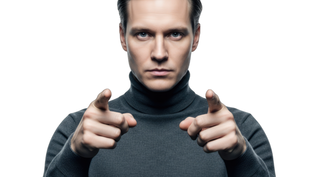 Man pointing finger directly at viewer isolated on transparent background man pointing - Powered by Adobe