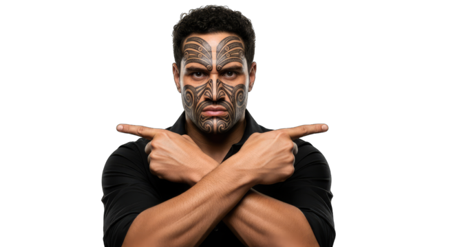 Man with traditional maori face tattoo pointing in opposite directions isolated on transparent background man pointing