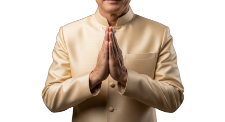 Man in traditional indian attire with hands clasped in greeting isolated on transparent background man pointing