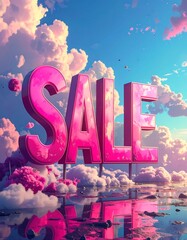 Bright pink "SALE" against a dreamy sky and reflective water