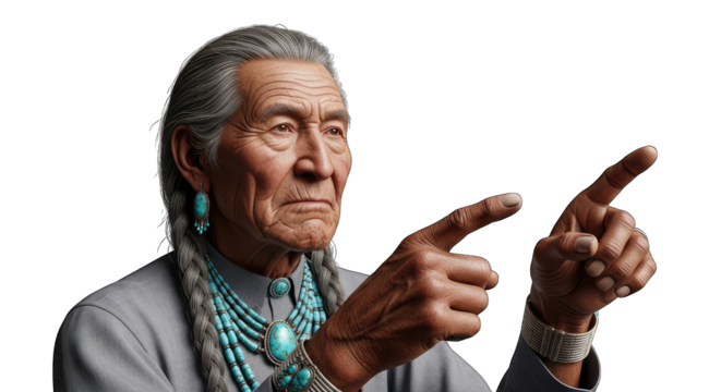 Elderly native american man pointing with both hands isolated on transparent background man pointing - Powered by Adobe