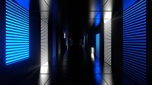 Blue and White Neon Light Futuristic Dark Tunnel Background VJ Loop in 4K