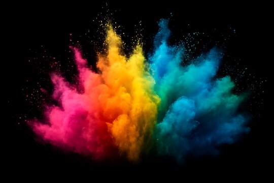 Vivid explosion of colorful powder against a stark, black background.