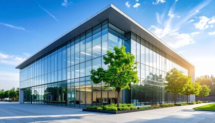 Fototapeta premium Sustainable glass office building with tree for reducing heat and carbon dioxide