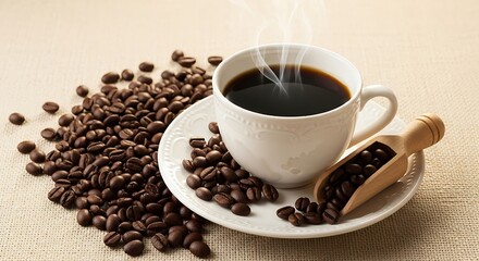 Obraz premium Elegant white coffee cup on burlap texture with roasted beans, symbolizing freshness and morning comfort