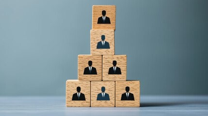A pyramid of wooden blocks depicting human figures in suits, symbolizing teamwork, hierarchy, or organizational structure.
