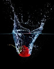 Bright red berry submerging in clear water, creating a splash