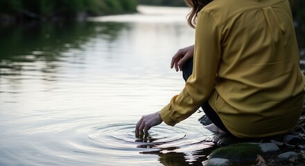 A woman's hand touches the water surface creating ripples on a river. Person in a yellow blouse connecting with nature. Mindfulness and contemplation concept with copy space