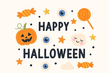Halloween themed illustration with a pumpkin, candy, eyeballs, stars, and clouds, with the words "Happy Halloween".